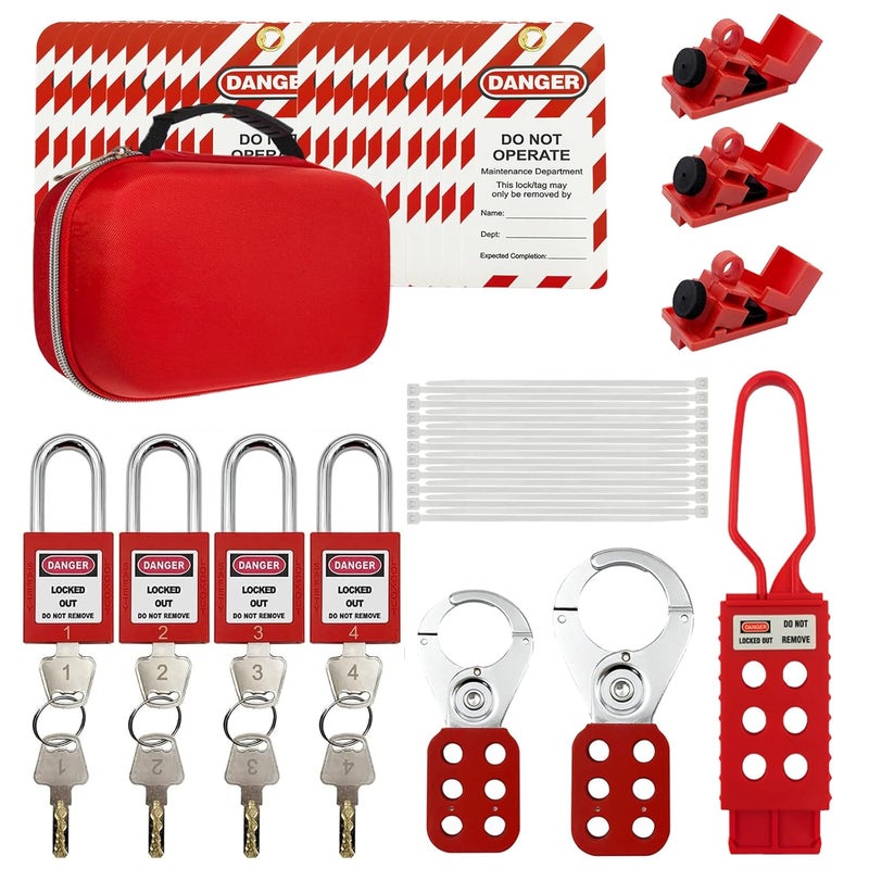 Young Dance Lockout Tagout Kit Electrical Loto - Group Lockout Hasps, Lockout Tags, Safety Padlocks with Number, Nylon Ties with Pocket Bag(Red Kit) - Image 1